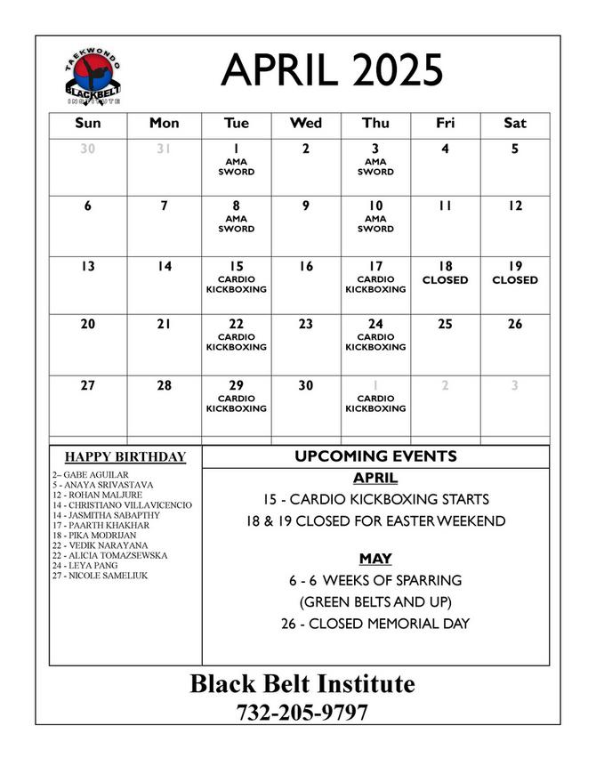BLACK BELT INSTITUTE MARTIAL ARTS AND KARATE EVENTS CALENDER METUCHEN EDISON