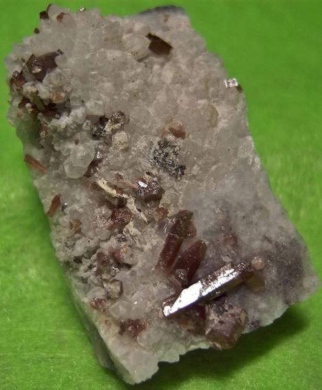fluorescent brown Pyromorphite crystals, Quartz, golden Pyrite,Tetrahedrite, Level 200, Pcheloyad Mine (Pchelojad; Ptchelojad; Pcheloiad), Momchilgrad Obshtina, Kardzhali Oblast (Kurdzhali; Kărdžali; Kurdjali), Bulgaria