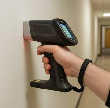 Handheld XRF lead paint analyzer providing real-time results during surface-by-surface inspection
