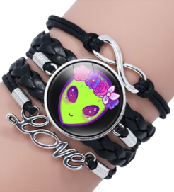 Green Alien Friendship Leather Bracelet Multilayer Glass Cabochon Bangle Bracelets Handmade Children's Gifts