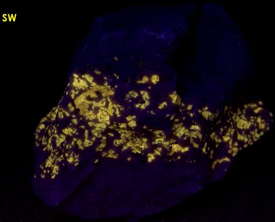 fluorescing NORBERGITE, FLUOROPHLOGOPITE, GRAPHITE, CALCITE - Franklin Quarry (Braens Quarry; Moses Bigelow Quarry; Farber Quarry), Franklin Marble, Franklin, Franklin Mining District, Sussex County, New Jersey, USA