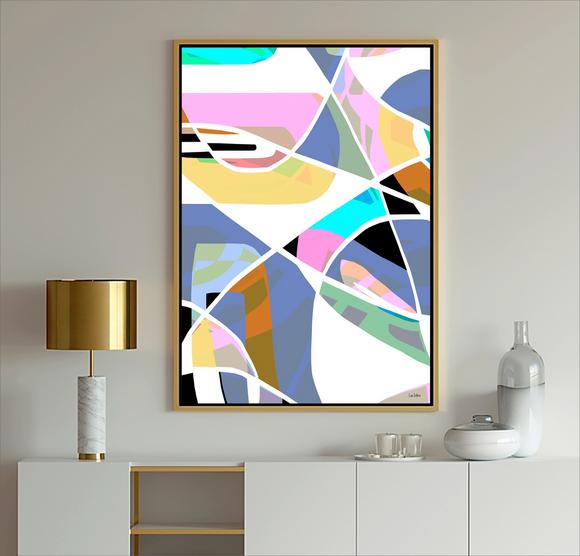 Blue Abstract Modern Art painting with geometric shapes in blue, light blue, gray, lavender and white with black lines from Dubois Art