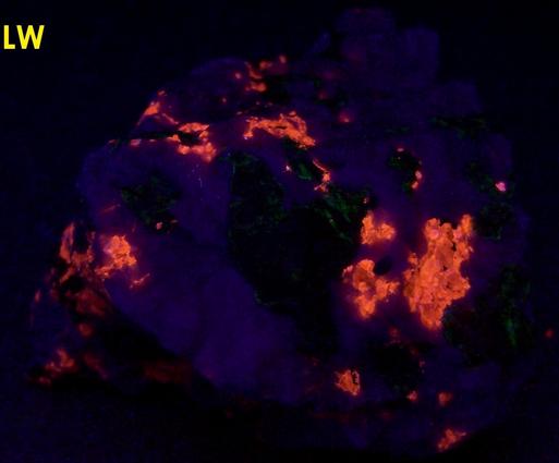 fluorescing SPHALERITE, WILLEMITE, FRANKLINITE-MAGNETITE, TEPHROITE - Sterling Mine, Sterling Hill, Ogdensburg, Franklin Mining District, Sussex County, New Jersey, USA - type locality