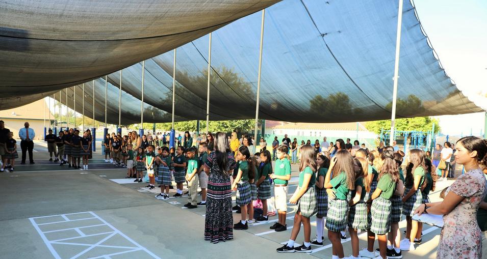 Students lined up for morning prayer.