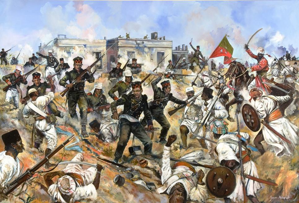 Jason Askew painting showing Gurkhas with kukris during the Siege of Delhi in 1857