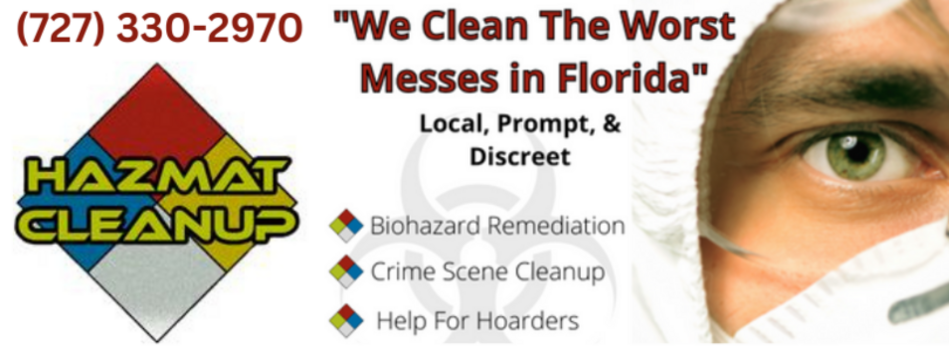 Hazmat cleanup technician prepared to respond to a suicide cleanup in Tampa. Hazmat Cleanup, LLC logo (with our Tampa phone number).