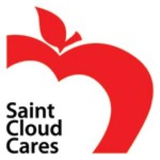 Logo for Saint Cloud Cares -a white square with a drawn portion of a cut red apple with the word Saint Cloud Cares in the bottom left corner