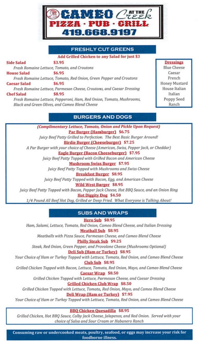 Menu Cameo At The Creek, Eagle Creek Golf Course, Norwalk, OH