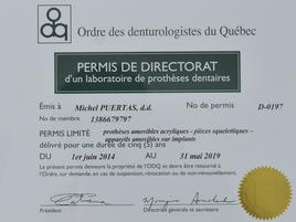 Permis de Directorat Michel Puertas Denturologiste Brossard-Laprairie