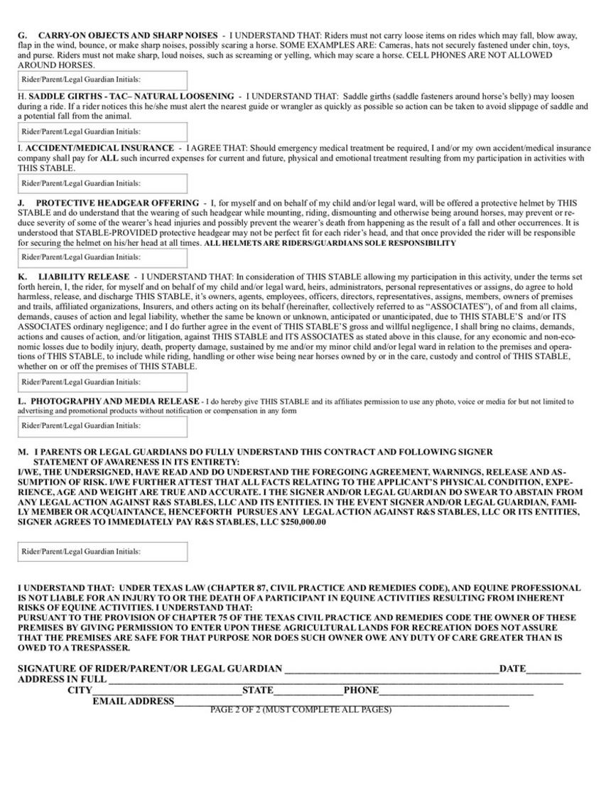 Fort Worth Texas Horseback Riding Waiver