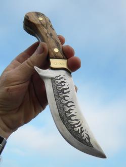 DIY Leaf spring knife with metal etched flames and a handle made from firewood. FREE step by step instructions. www.DIYeasycrafts.com