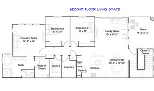 3 bedroom second floor plan, living space and deck