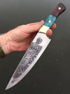 Berg Knife Making custom etched Sea Turtle themed chef knife. www.Bergknifemaking.com