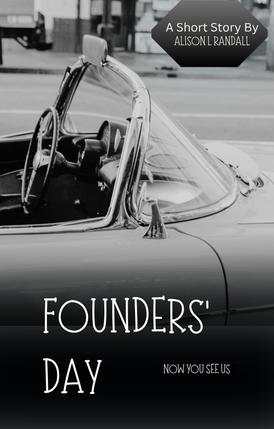 a black and white photo of an old convertible on a small town main street