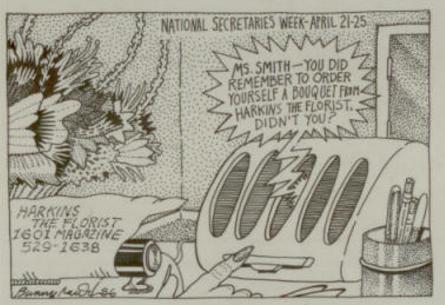 A hand-drawn cartoon of an intercom reminding an off-panel secretary to buy herself flowers for the holiday
