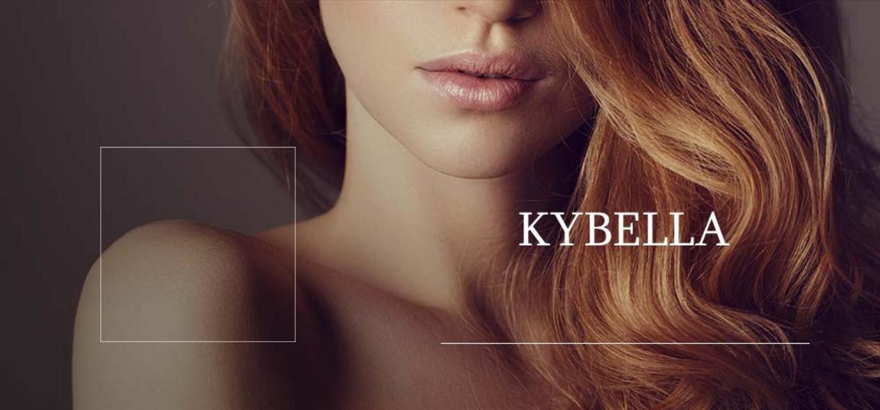 A red haded model highlighting her neck. Learn more about Kybella more.