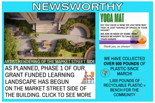 Library news. Looking for Yoga mats and plastic film donations. Construction on market street side of building has started.