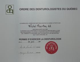 Diplôme Ordre des Denturologistes du Québec Michel Puertas Denturologiste Brossard-Laprairie