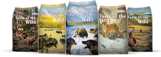 Link to Taste of the Wild premium dog food where each dog food is described, , rated 5 stars, click for individual flavor