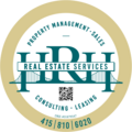 HRH Real Estate Services logo: a circular logo with the letters HRH superimposed on the golden gate bridge. The text reads "Property, Management, Sales" at the top, and "Consulting, Leasing" and "415-810-6020" at the bottom. The interior element is a white background, with a golden border on the outside.