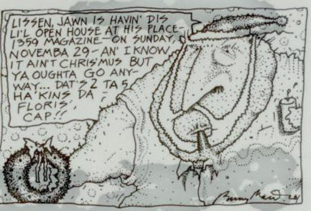 A hand-drawn cartoon of Santa holding a beer, talking about the harkins open house
