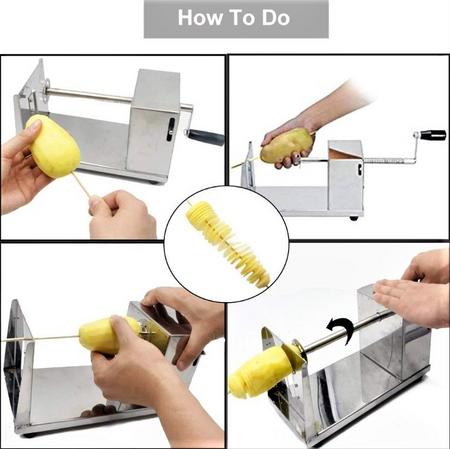 how to cut Potato in Spiral Potato Chips Cutter in Pakistan Stainless Steel Tower Tornado Lays Round Spring Slicer