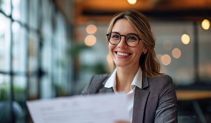 Image of a business woman in an office holding a report