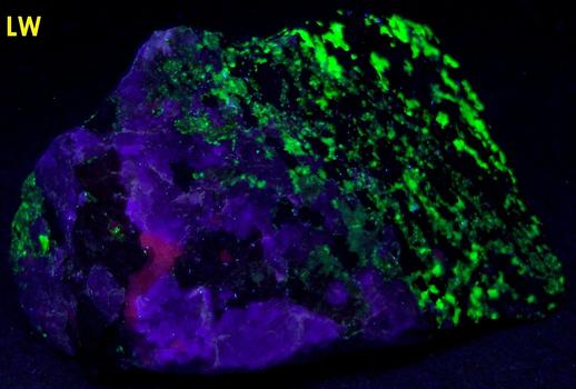 fluorescing Hardystonite, Willemite, Calcite, black Franklinite, brown Zn-Diopside Zinc Schefferite - Franklin Mine, Franklin, Franklin Mining District, Sussex County, New Jersey - type locality