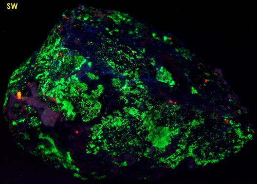 fluorescent MICROCLINE Amazonite, WILLEMITE, FLUORAPATITE, DIOPSIDE, ANDRADITE, QUARTZ, CALCITE - Franklin, Franklin Mining District, Sussex County, New Jersey, USA