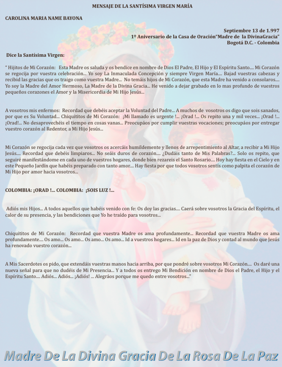 SEPT 13 de 1997 Bogotá Colombia - mensaje de la virgen