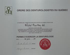 Diplôme Ordre des Denturologistes du Québec Michel Puertas Denturologiste Brossard-Laprairie