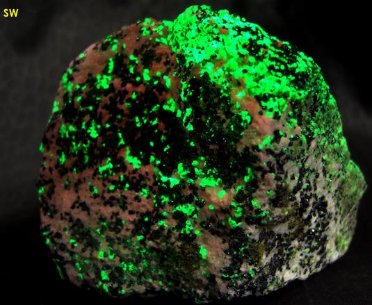 FRANKLINITE, fluorescent SW LW WILLEMITE and CALCITE - Franklin Mine, Franklin, Franklin Mining District, Sussex County, New Jersey, USA - Franklinite type locality - sold