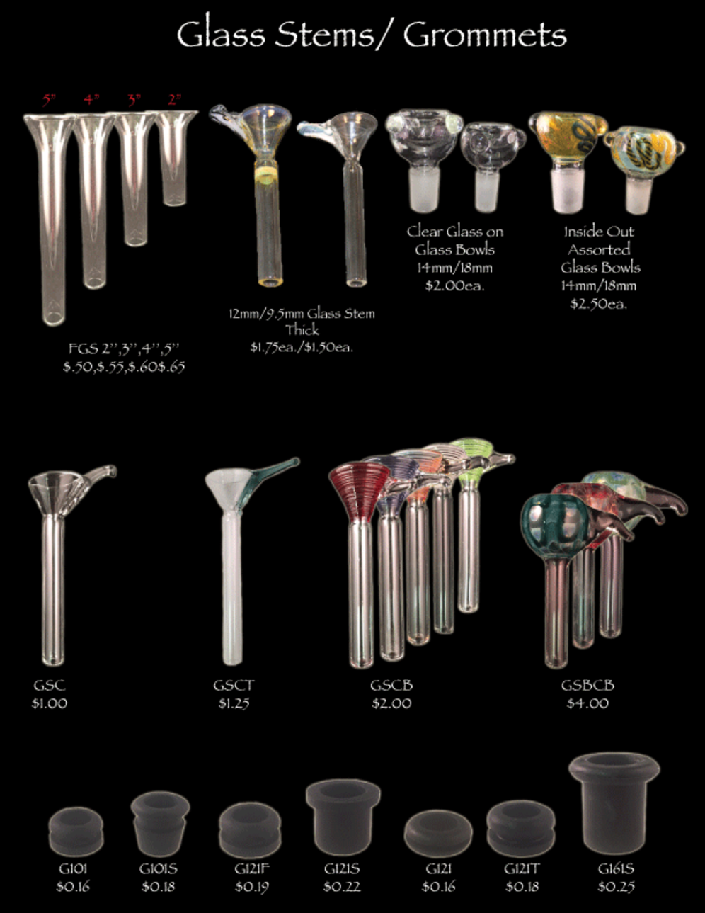 Water Pipes Glass Stems, Glass Bowls, Grommets