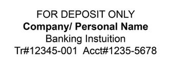 Self-inking deposit address stamps: black, blue, red, green, purple; custom logo.