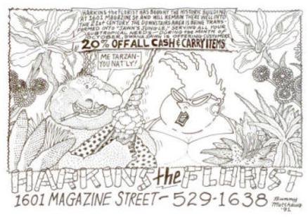 A hand-drawn cartoon of Vic dressed as Tarzan and Nat'ly surrounded by Jawn's Jungle of tropical plants