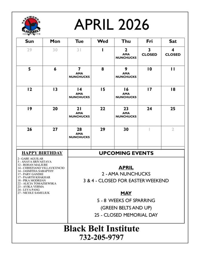 BLACK BELT INSTITUTE MARTIAL ARTS AND KARATE EVENTS CALENDER METUCHEN EDISON