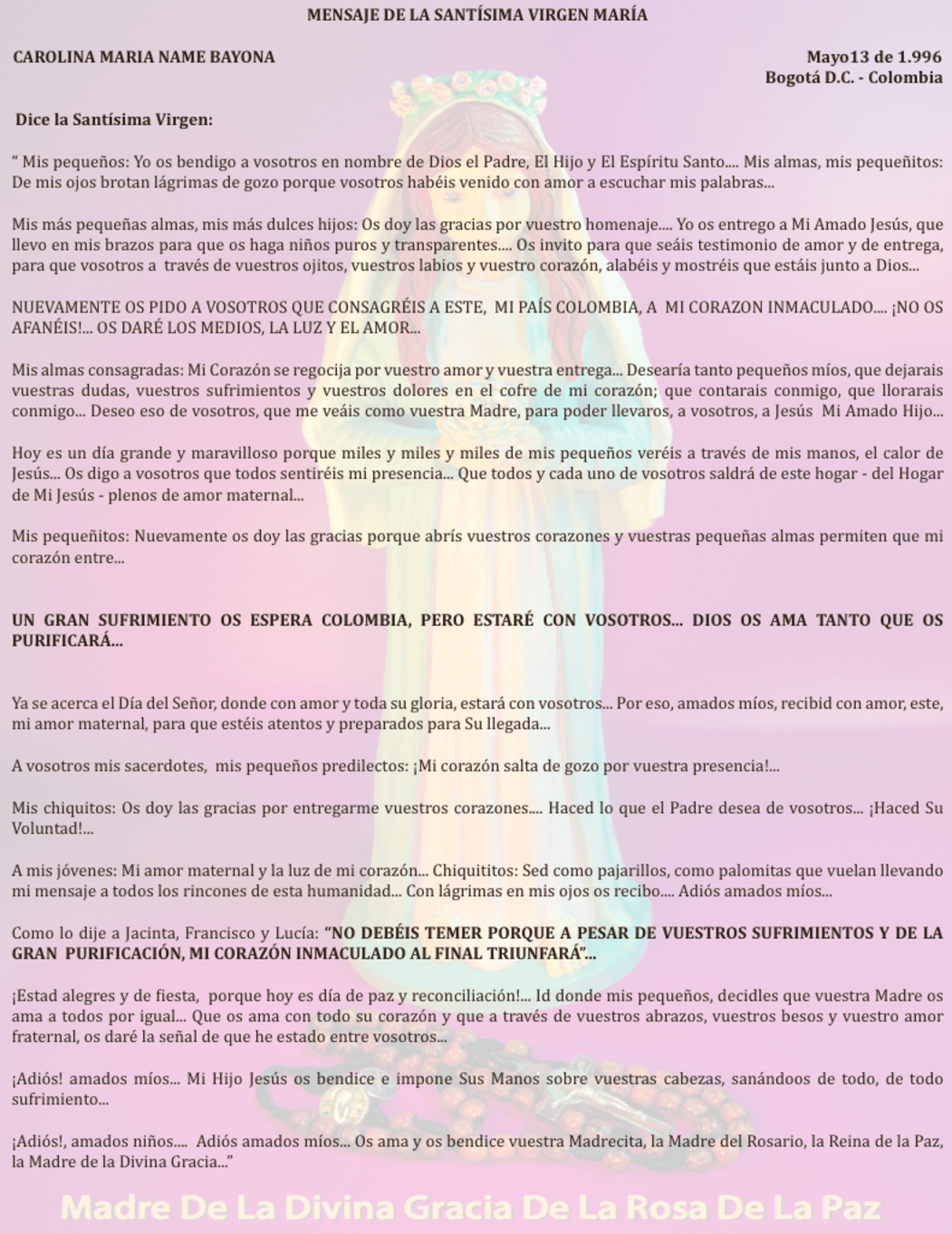 MAYO 13 de 1996 Bogotá Colombia - mensaje de la virgen