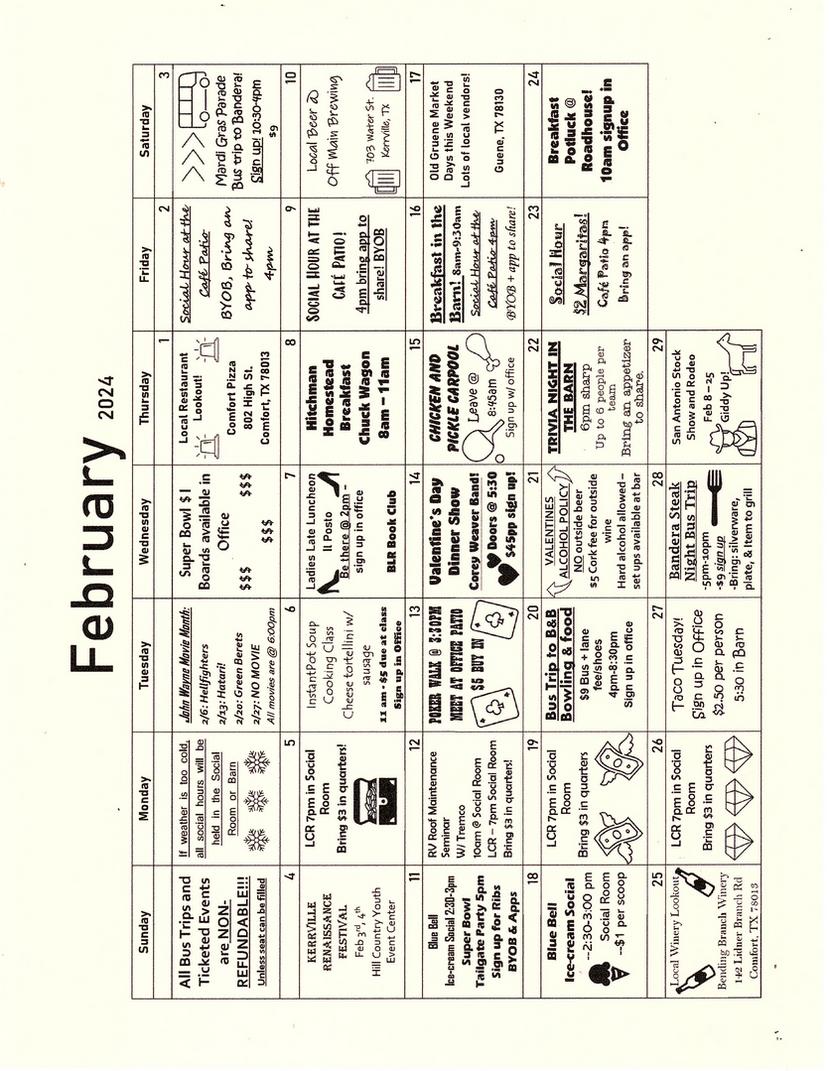 Calendar Buckhorn Lake Resort