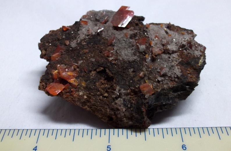 WULFENITE with fluorescent FLUORITE, ARAGONITE, Red Cloud Mine, Silver District, Trigo Mountains, La Paz County, Arizona, USA