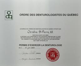 Diplome Ordre Des Denturologistes Du Québec Christine St-Pierre Denturologiste Brossard-Laprairie