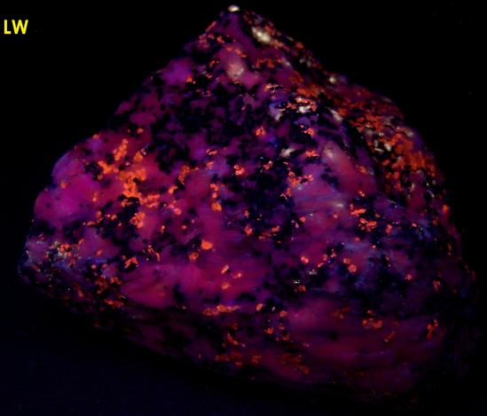 fluorescing Sphalerite, Franklinite-Magnetite, Diopside, Willemite, Calcite, Sterling Mine, Sterling Hill, Ogdensburg, Franklin Mining District, Sussex County, New Jersey, USA, ex Franklin Mineral Museum, ex Anthony Den Uyl