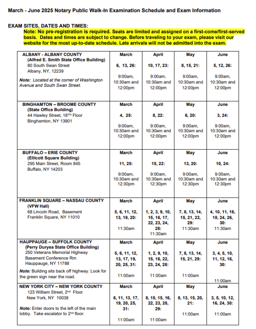 NY Notary Exam Schedules, Albany, Binghamton, Buffalo, Franklin Square, Hauppauge, NYC, NY2023 September, November, December