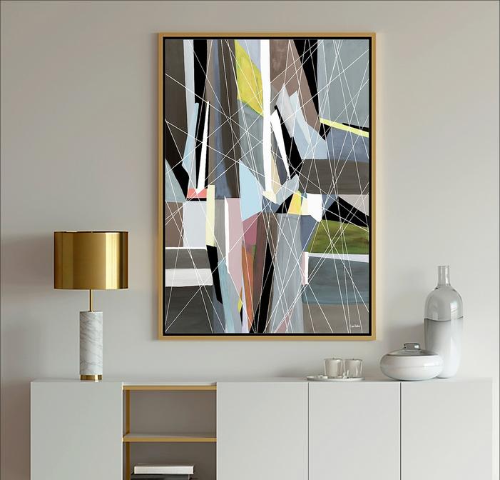Blue Abstract Modern Art painting with geometric shapes in blue, light blue, gray, lavender and white with black lines from Dubois Art