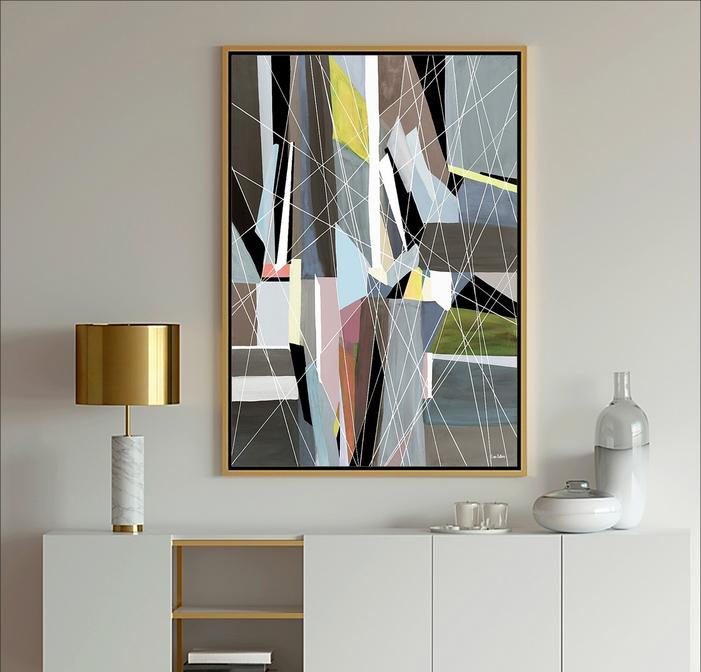 Blue Abstract Modern Art painting with geometric shapes in blue, light blue, gray, lavender and white with black lines from Dubois Art