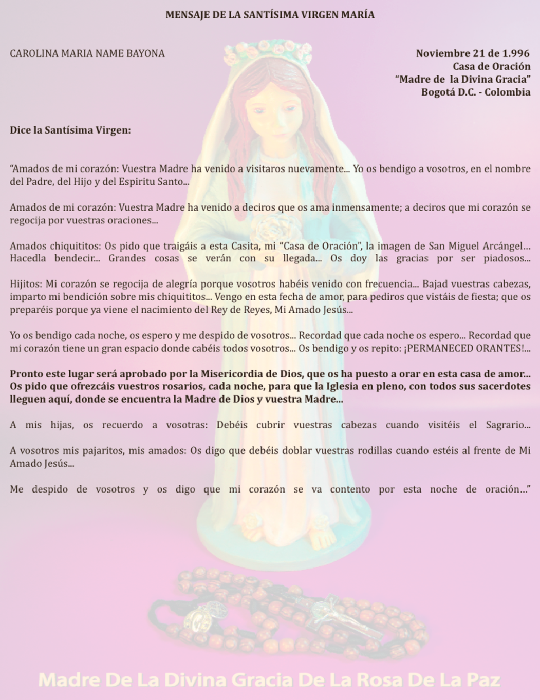 NOVIEMBRE 21 de 1996 Bogotá Colombia - mensaje de la virgen