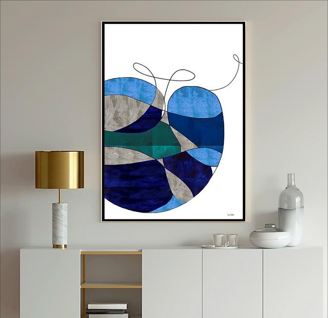 Blue Art ocean seascape in navy blue and light blue and white which shows calm waves in the water and clouds in the sky.
