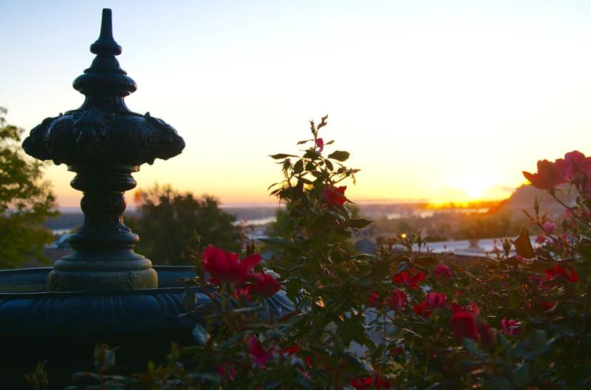 View of the Mississippi and Hannibal at sunset from Rockcliffe Mansion, Hannibal Missouri