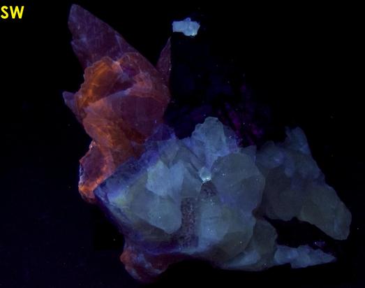fluorescent CALCITE, FLUORITE, SPHALERITE, Cave-In-Rock (Minerva No. 1 Mine), Cave-in-Rock Sub-District, Illinois - Kentucky Fluorspar District, Hardin County, Illinois, USA