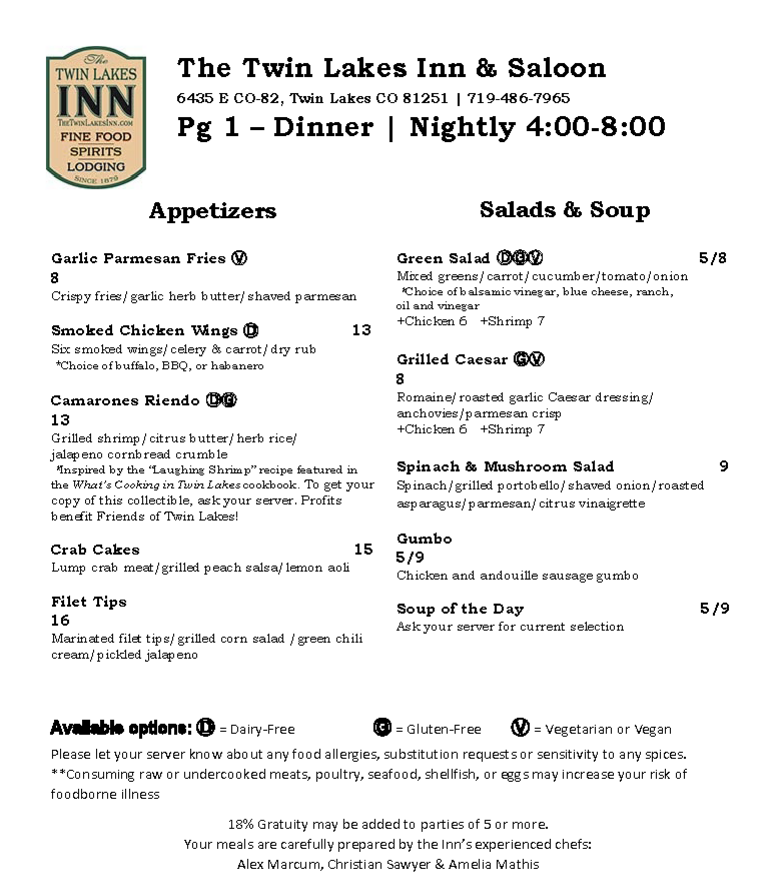 Twin Lakes Inn Dinner Menu