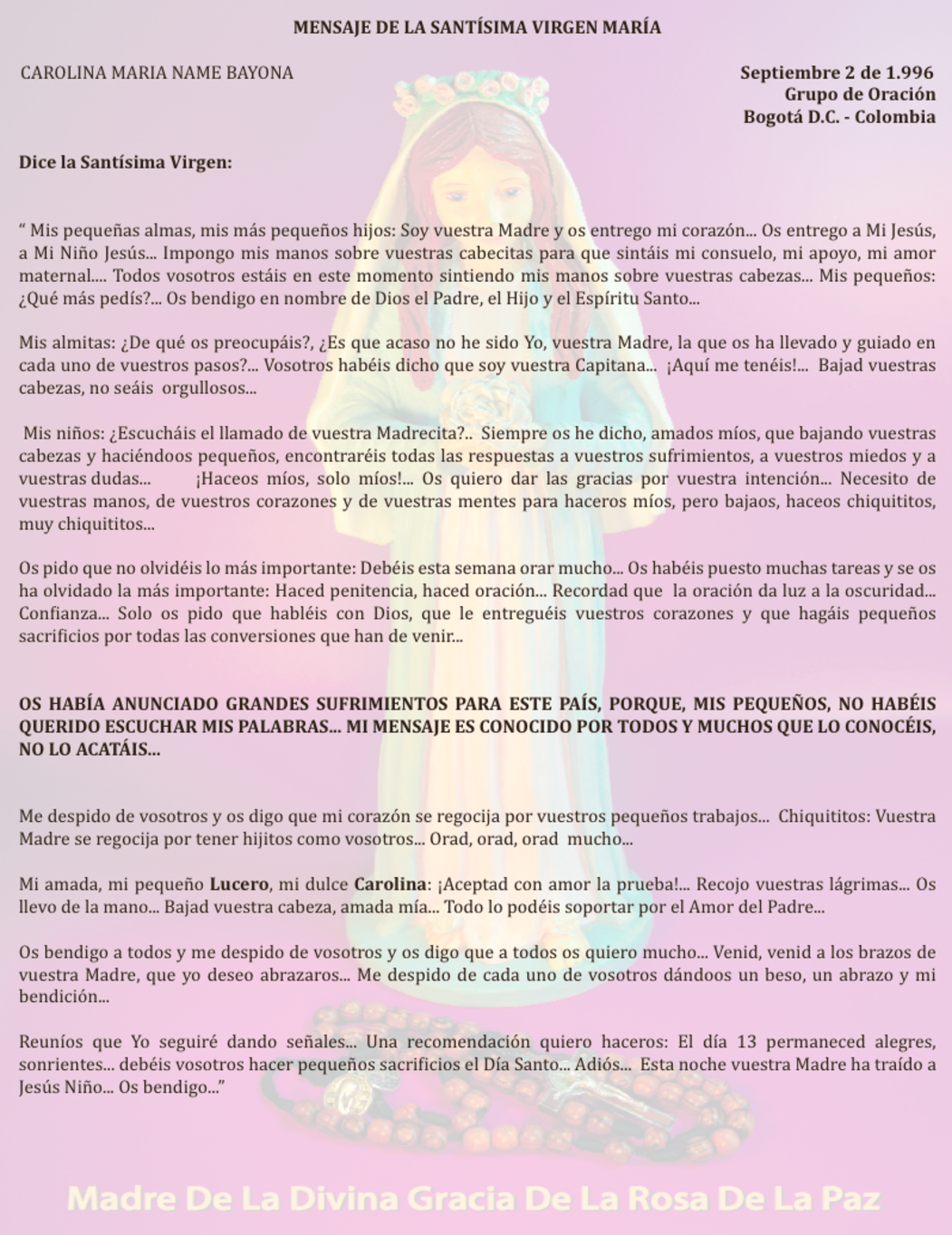 SEPT 02 de 1996 Bogotá Colombia - mensaje de la virgen